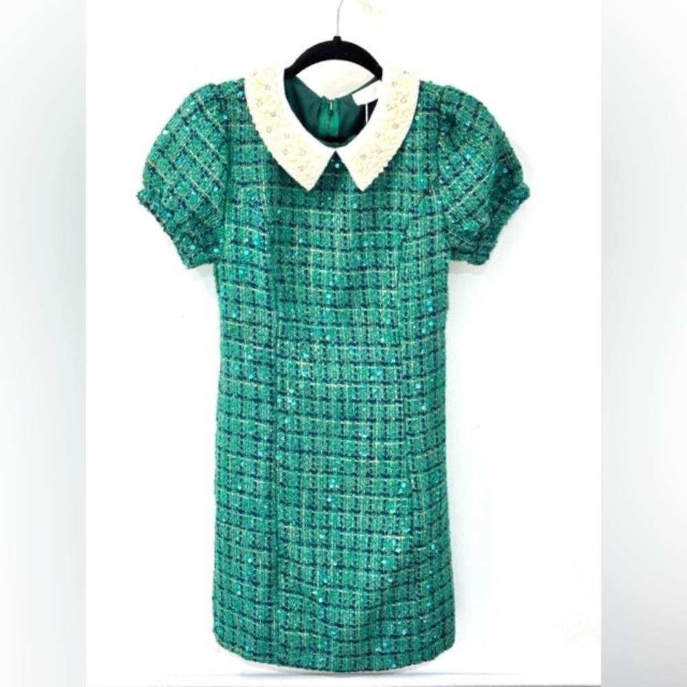 Fate Emerald Tweed Dress with Pearl Accents Collar Sequins